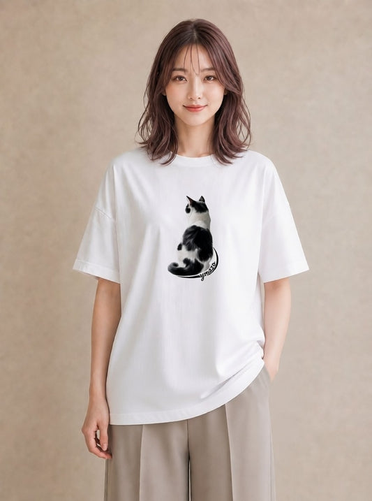 Tシャツ レディース サビ猫 猫 ねこ イラスト アート風 買い物 夏コーデ 白T YMAZO