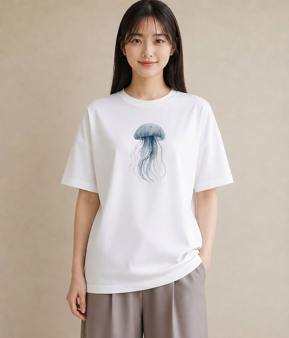プリントTシャツ レディース イカ 海の生き物 海 イラスト 線画 在宅 公園 白T YMAZO