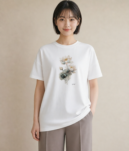 デザインTシャツ レディース 蓮 花 花柄 イラスト 休日コーデ 友達ギフト 部屋着 白T