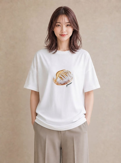 Tシャツ レディース ベーグル 食べ物 フード イラスト 線画 普段着 週末コーデ 白T YMAZO