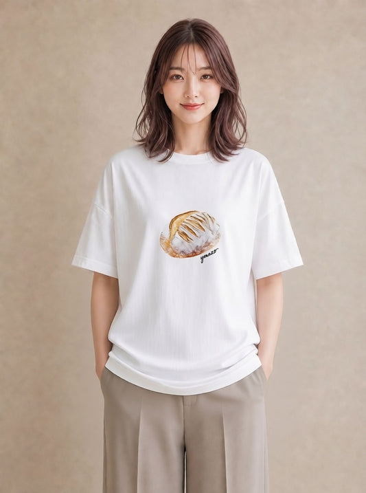 Tシャツ レディース ベーグル 食べ物 フード イラスト 線画 普段着 週末コーデ 白T YMAZO