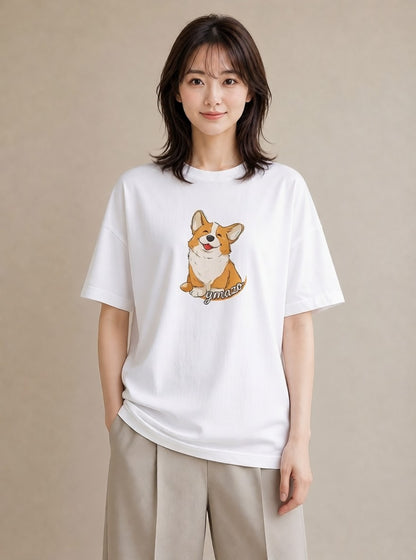 プリントTシャツ レディース ウェルシュコーギー コーギー 犬 いぬ イラスト ガーリー 送別ギフト 通勤 白T YMAZO