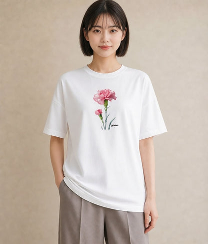 プリントTシャツ レディース カーネーション 花 花柄 イラスト きれいめ 春服 ミセス 白T YMAZO
