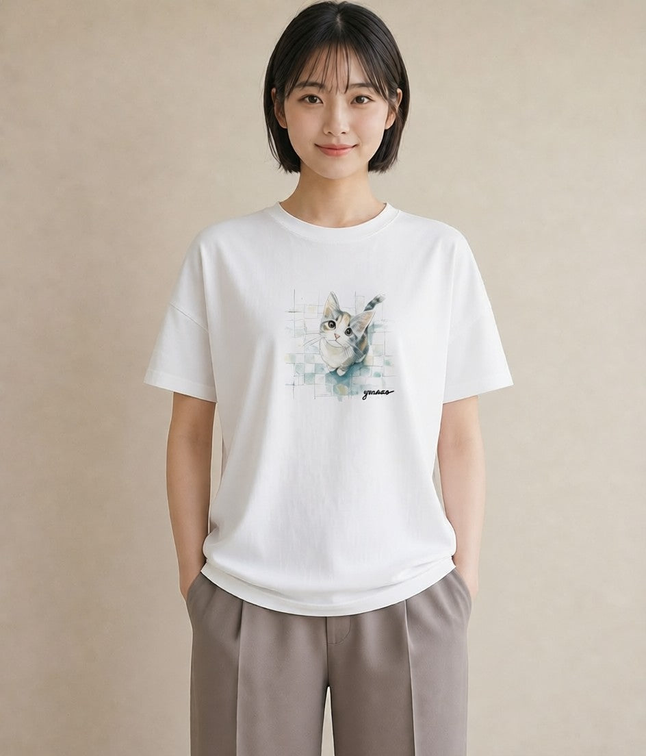 Tシャツ レディース ぶち猫 猫 ねこ イラスト ニュアンス 誕生日プレゼント 綿100 白T YMAZO