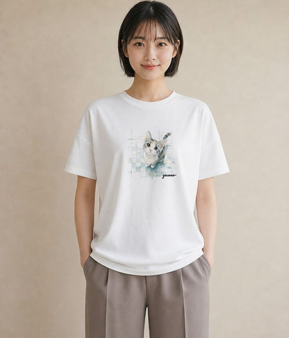 Tシャツ レディース ぶち猫 猫 ねこ イラスト ニュアンス 誕生日プレゼント 綿100 白T YMAZO