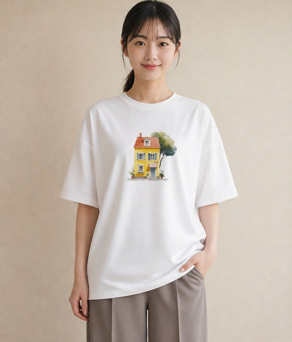 Tシャツ レディース 灯りの家 小屋 夜 ナチュラル アンティーク イラスト 上品 旅行 母娘コーデ 白T YMAZO