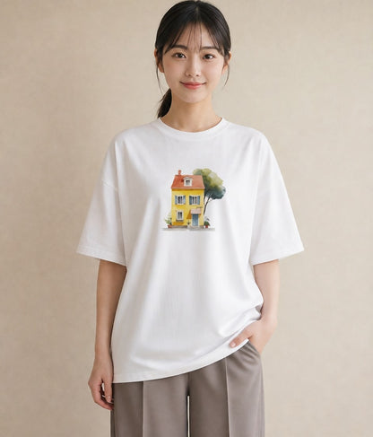 Tシャツ レディース 灯りの家 小屋 夜 ナチュラル アンティーク イラスト 上品 旅行 母娘コーデ 白T YMAZO