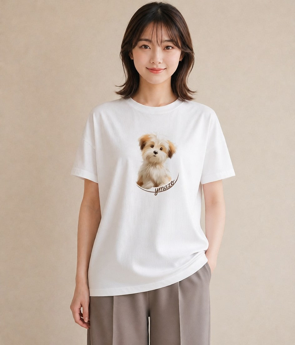 Tシャツ レディース わんちゃん 犬 いぬ イラスト ミニマル 普段着 週末コーデ 白T YMAZO