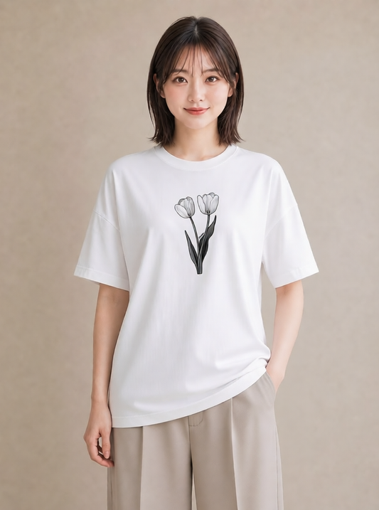 グラフィックTシャツ レディース チューリップ 花 花柄 イラスト 韓国風 誕生日プレゼント 綿100 白T YMAZO