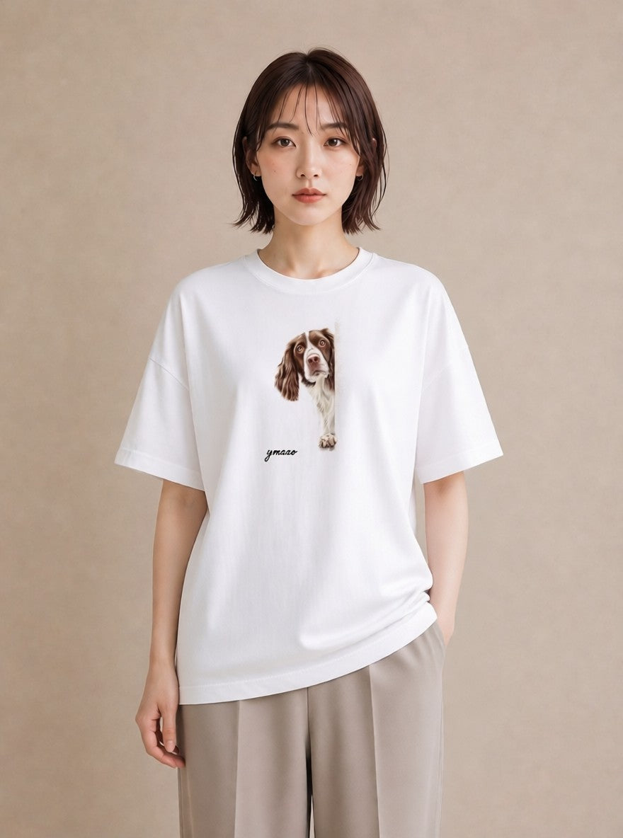 半袖Tシャツ レディース 犬 いぬ イラスト 手描き風 散歩 お出かけ 白T YMAZO