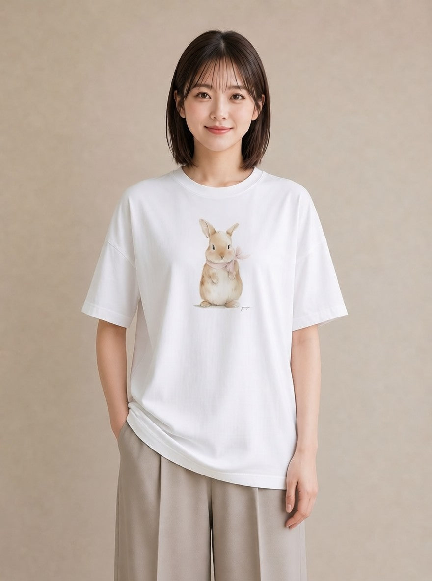 半袖Tシャツ レディース うさぎ ウサギ ラビット ペット 動物 イラスト ミニマル 週末コーデ 敬老の日 白T YMAZO
