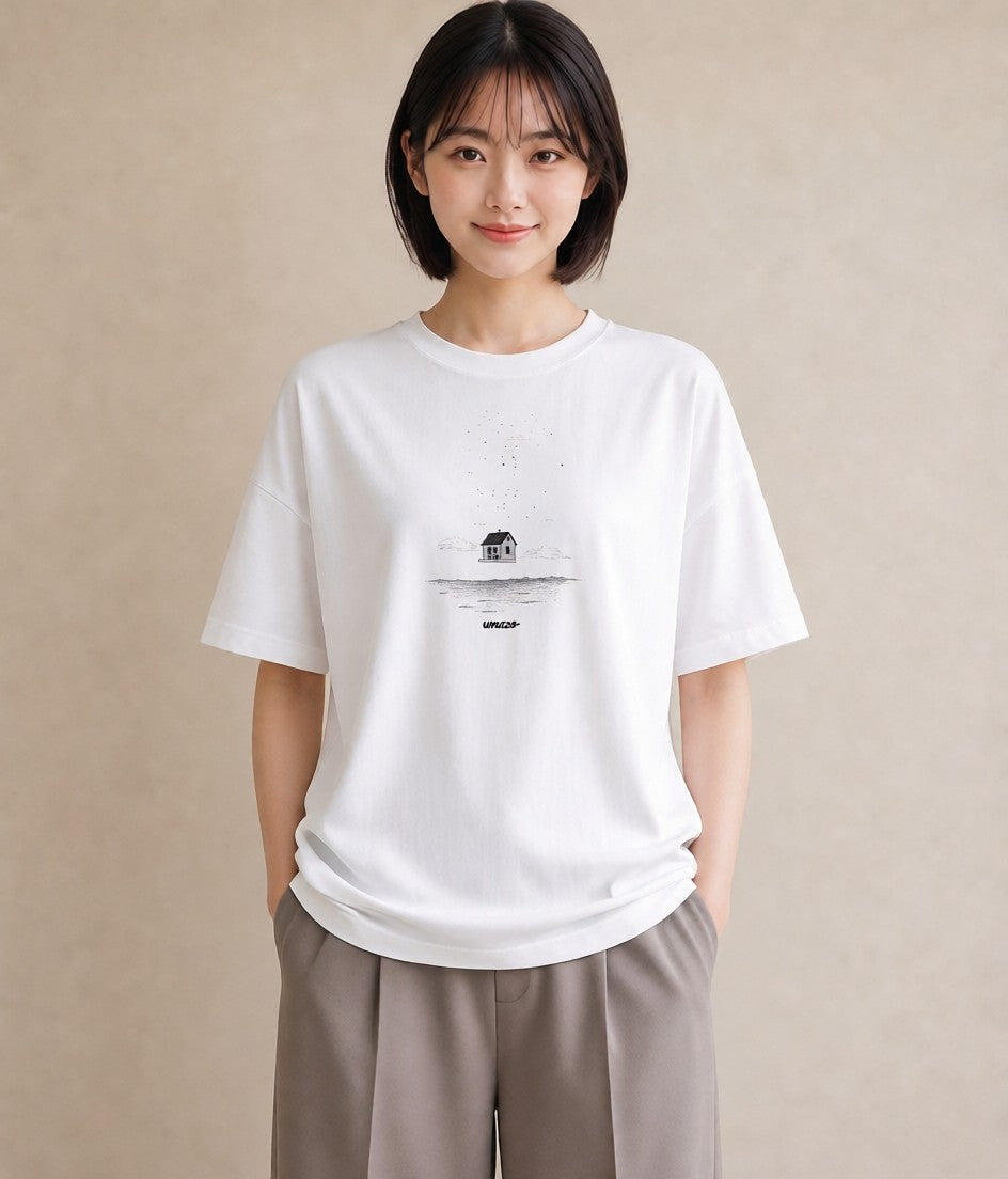 デザインTシャツ レディース 桟橋 水辺 波止場 ナチュラル アンティーク イラスト 普段使い 夏コーデ 通学 白T YMAZO