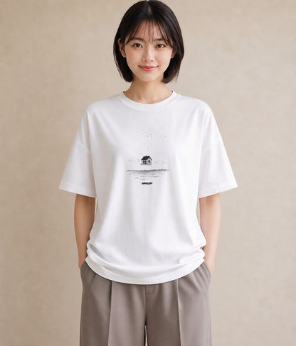 デザインTシャツ レディース 桟橋 水辺 波止場 ナチュラル アンティーク イラスト 普段使い 夏コーデ 通学 白T YMAZO