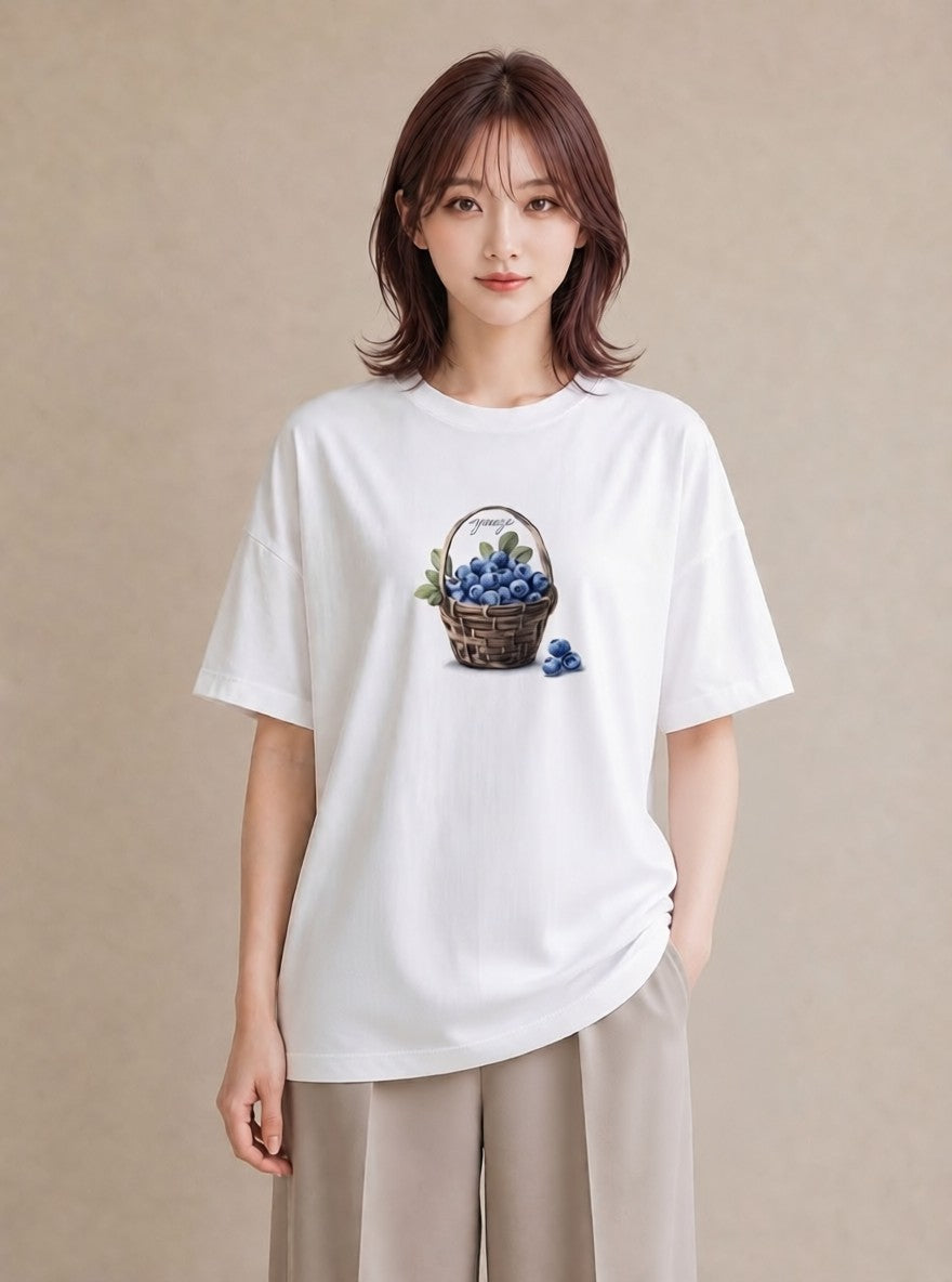 デザインTシャツ レディース ブルーベリー 食べ物 フード イラスト ヴィンテージ風 クリスマス 旅行 白T YMAZO