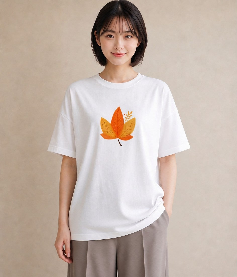 デザインTシャツ レディース 落ち葉 植物 ボタニカル イラスト 旅行コーデ 母娘コーデ 自分用 白T YMAZO