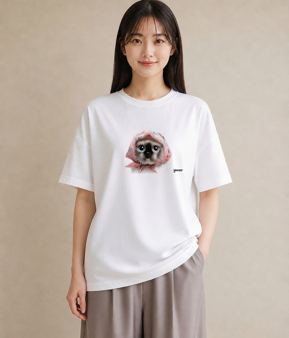 Tシャツ レディース シャム柄 猫 ねこ イラスト きれいめ ビーチ デイリーウェア 白T YMAZO