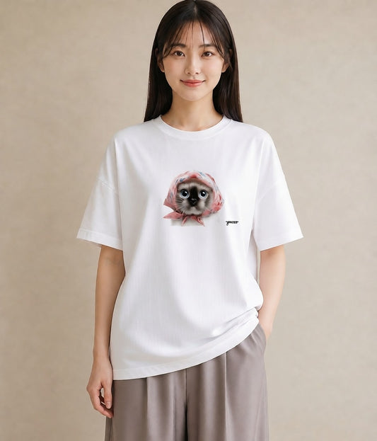 Tシャツ レディース シャム柄 猫 ねこ イラスト きれいめ ビーチ デイリーウェア 白T YMAZO