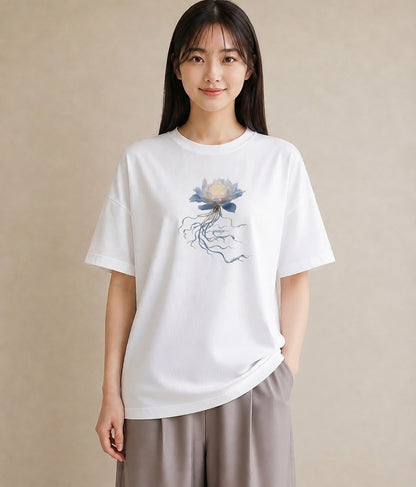 デザインTシャツ レディース 蓮 花 花柄 イラスト ポップ 普段着 週末コーデ 白T