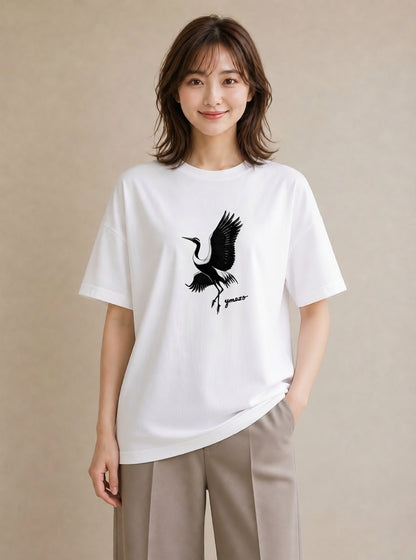 プリントTシャツ レディース 折り鶴 折り紙 ナチュラル アンティーク イラスト 手描き風 カフェ服 クリスマス 白T YMAZO
