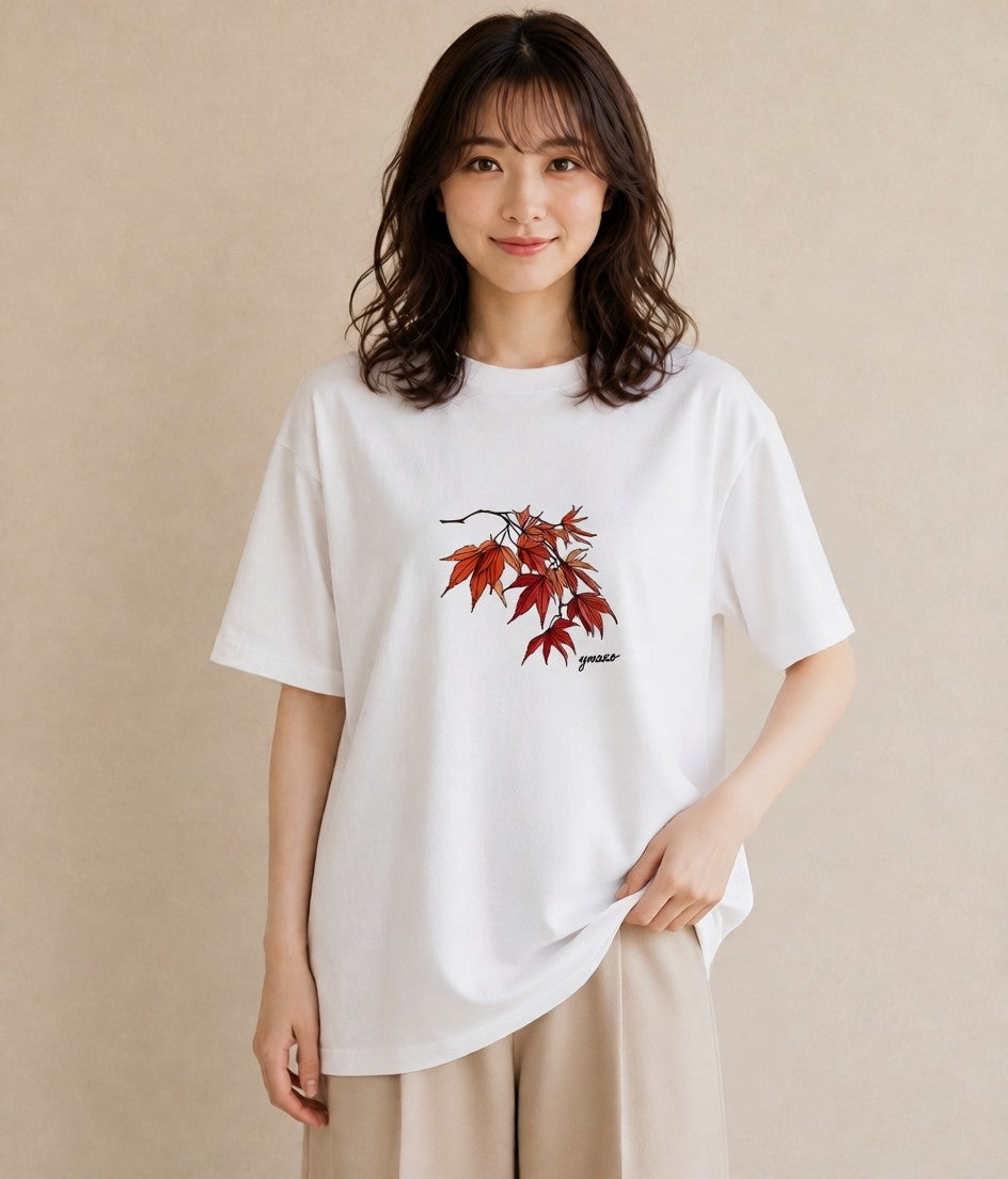 半袖Tシャツ レディース 落ち葉 植物 ボタニカル イラスト 個性的 買い物 夏コーデ 白T YMAZO