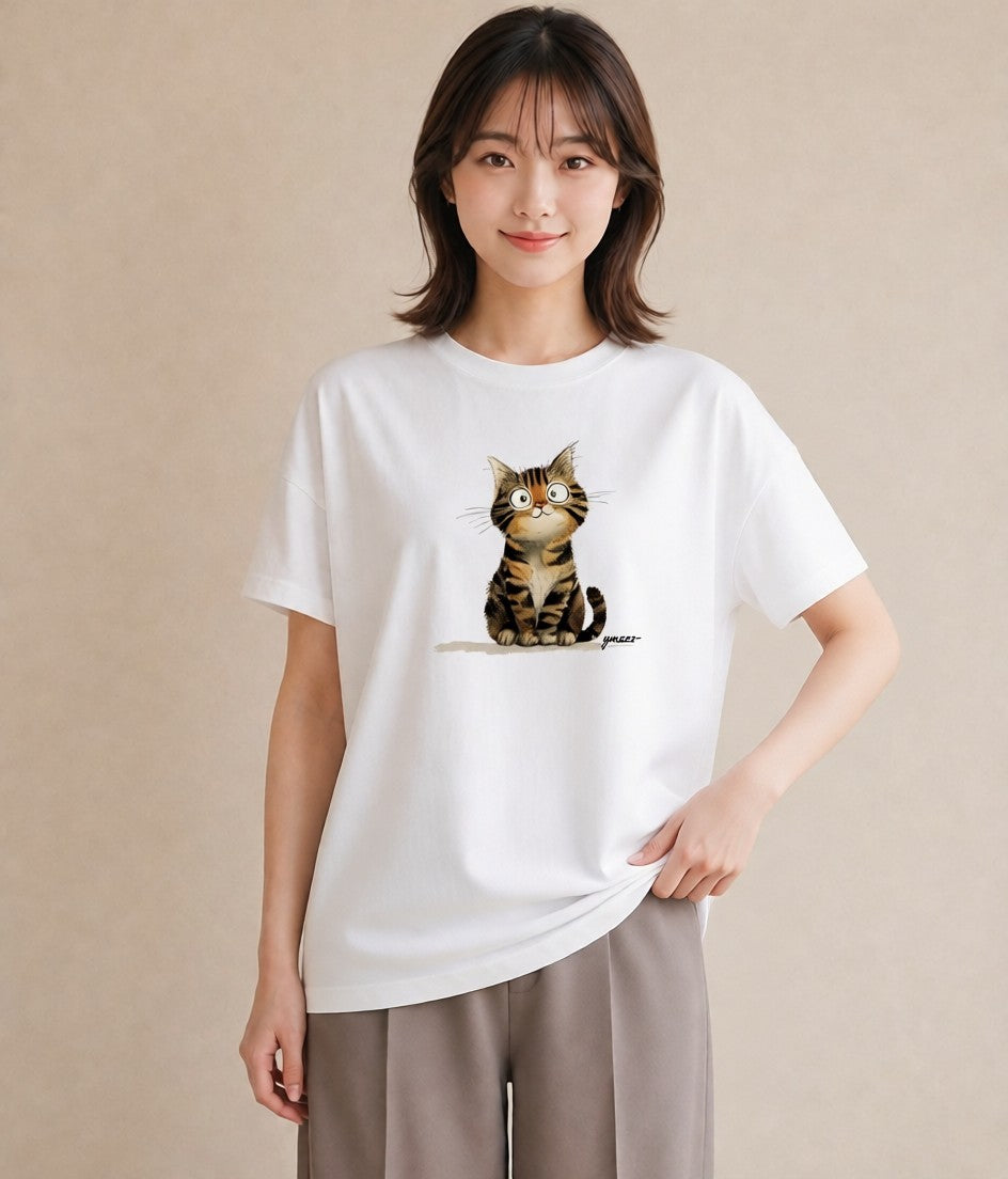 グラフィックTシャツ レディース ニャンコ 猫 ねこ イラスト ニュアンス 母の日 ビーチ 白T YMAZO
