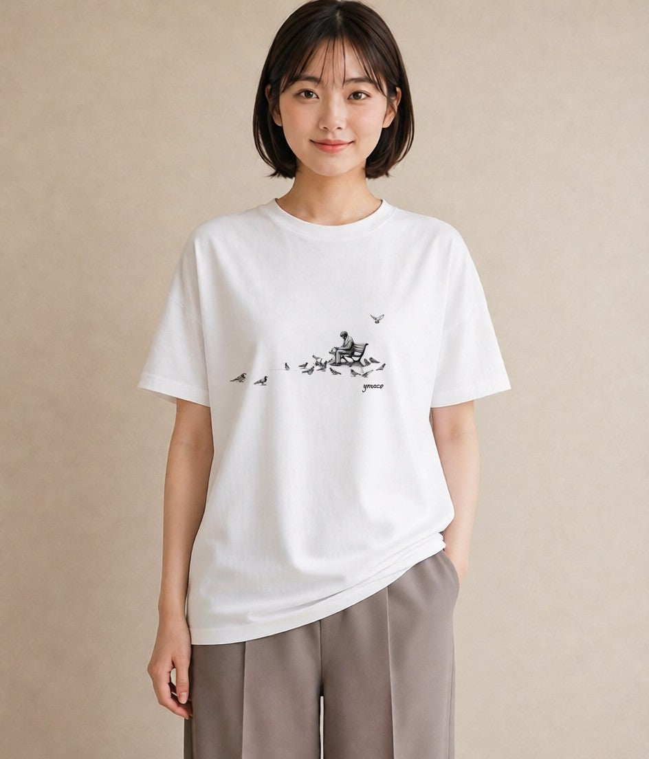グラフィックTシャツ レディース 雨上がりのベンチ ベンチ ナチュラル アンティーク イラスト 旅行コーデ 公園 ママ 白T YMAZO
