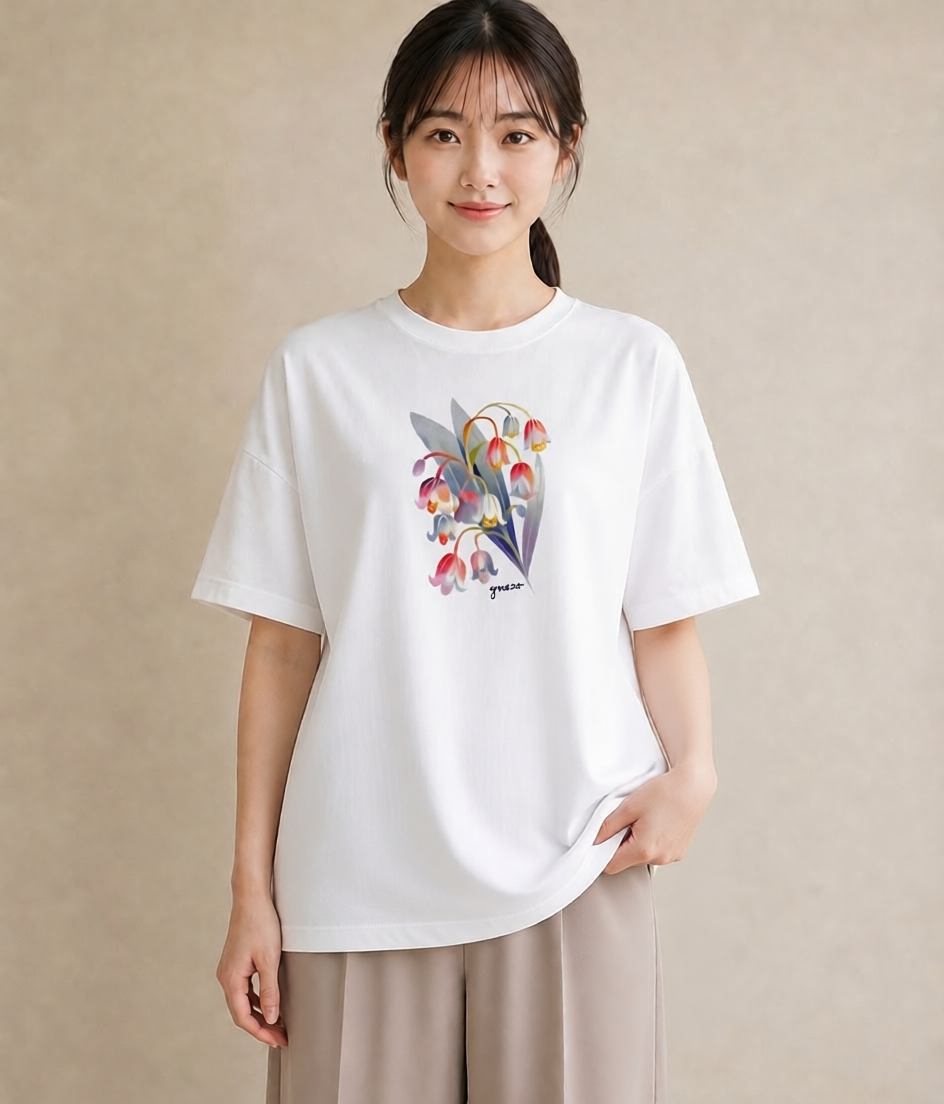 Tシャツ レディース すずらん 花 花柄 イラスト 線画 カフェ服 クリスマス 白T YMAZO