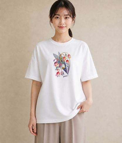 Tシャツ レディース すずらん 花 花柄 イラスト 線画 カフェ服 クリスマス 白T YMAZO