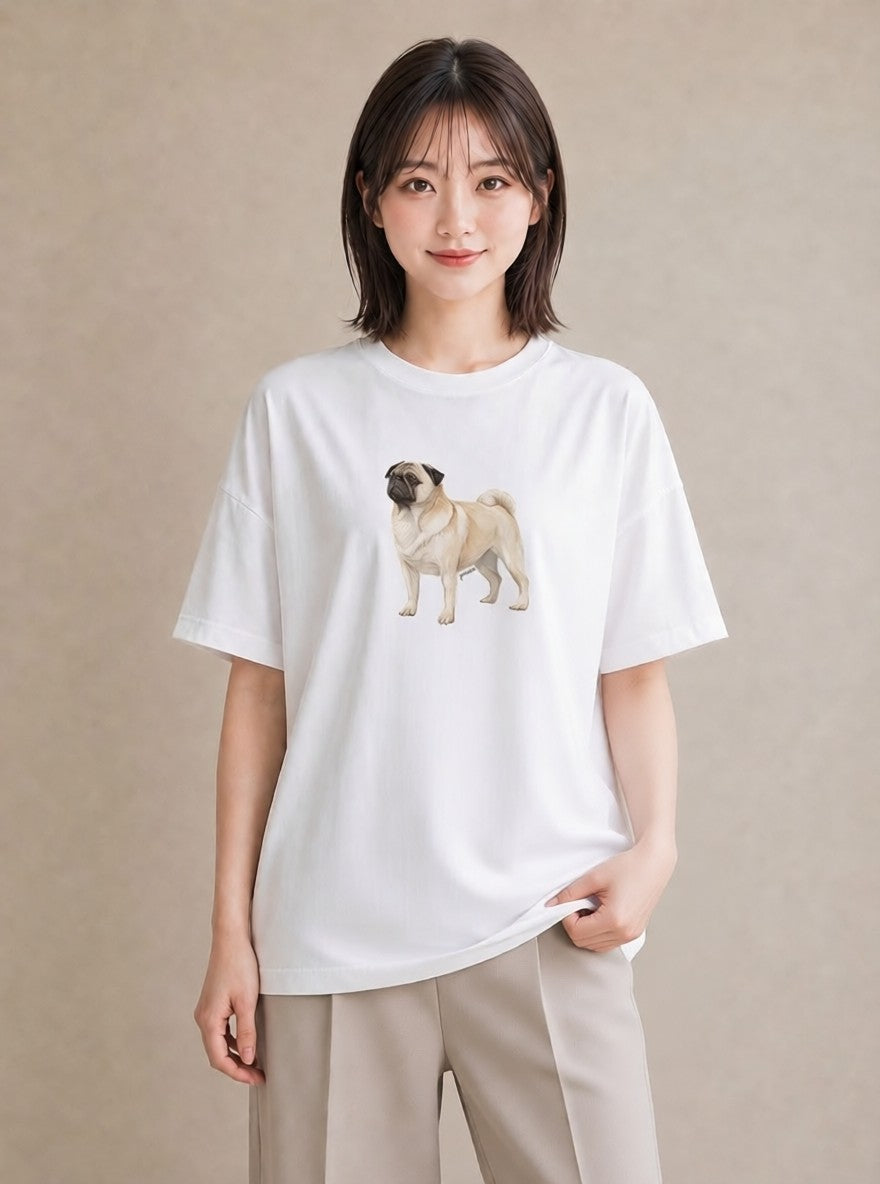 グラフィックTシャツ レディース パグ 犬 いぬ イラスト 旅行コーデ 春服 ミセス 白T YMAZO
