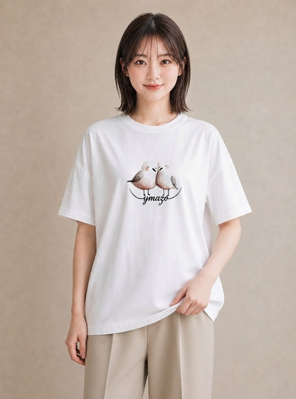 Tシャツ レディース 遠い家と鳥 風景 鳥 ナチュラル アンティーク イラスト 普段使い 誕生日プレゼント 綿100 白T YMAZO