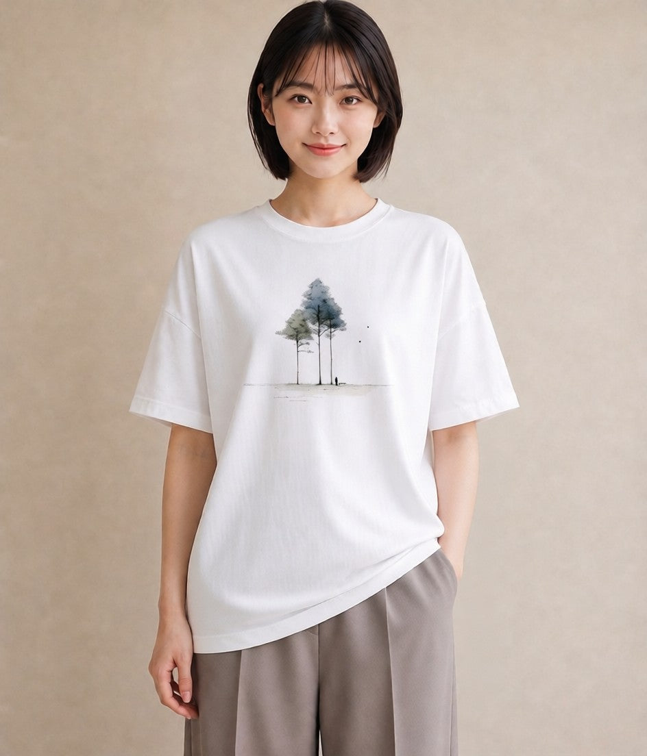 グラフィックTシャツ レディース 雨上がりの小道 雨上がり 小道 ナチュラル アンティーク イラスト ゆるかわ カジュアルコーデ 買い物 白T YMAZO
