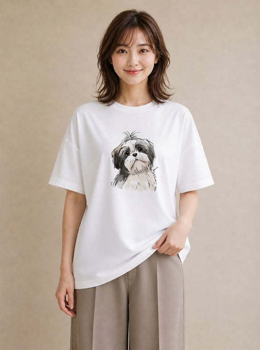 グラフィックTシャツ レディース ペキニーズ 犬 いぬ イラスト カフェコーデ ミセス 春コーデ 白T YMAZO
