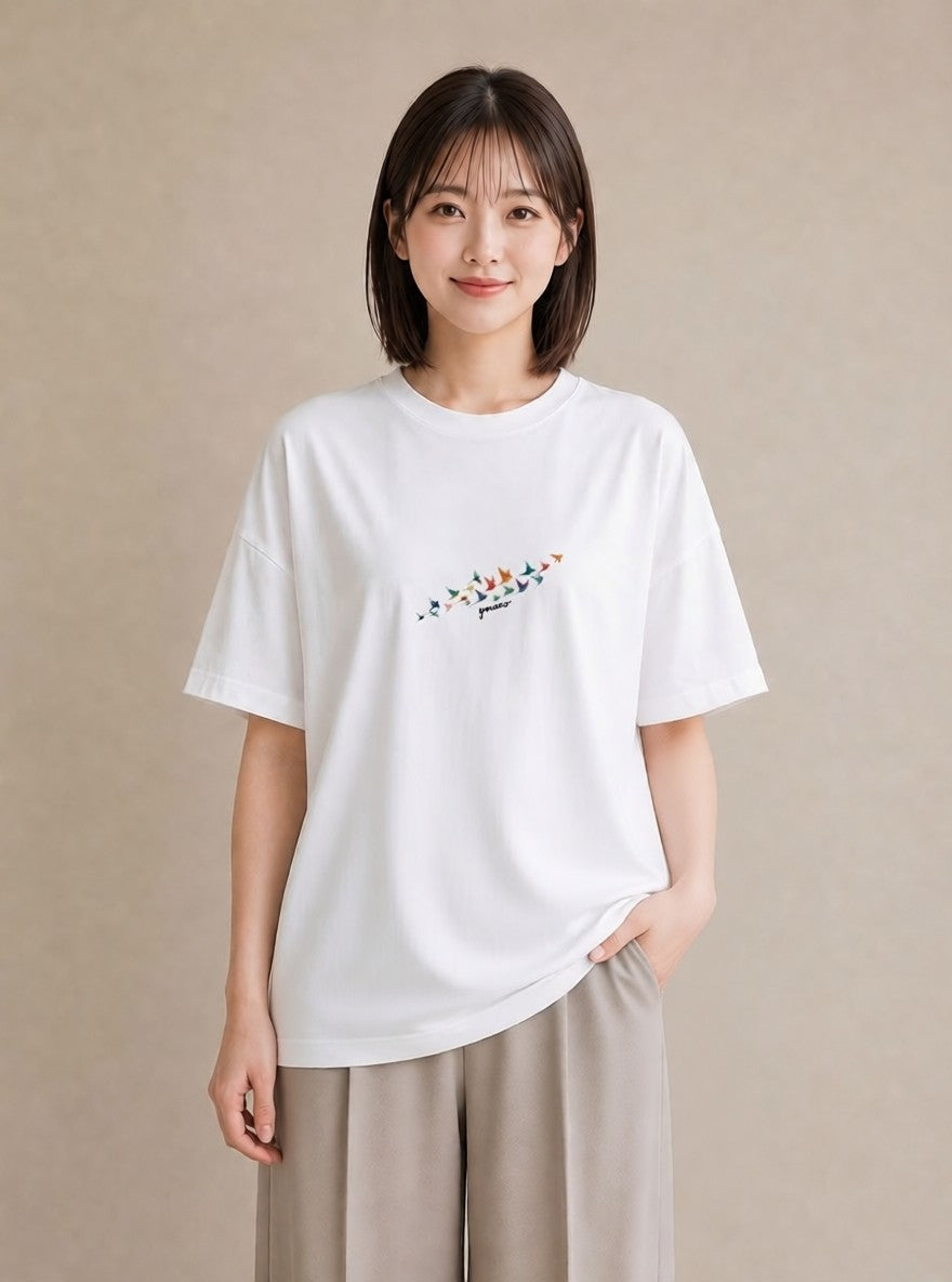 半袖Tシャツ レディース 折り鶴 折り紙 ナチュラル アンティーク イラスト 可愛い クリスマス 旅行 白T YMAZO