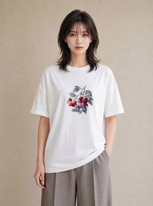 プリントTシャツ レディース さくらんぼ チェリー 食べ物 フード イラスト きれいめカジュアル 自分用 ルームウェア 白T YMAZO