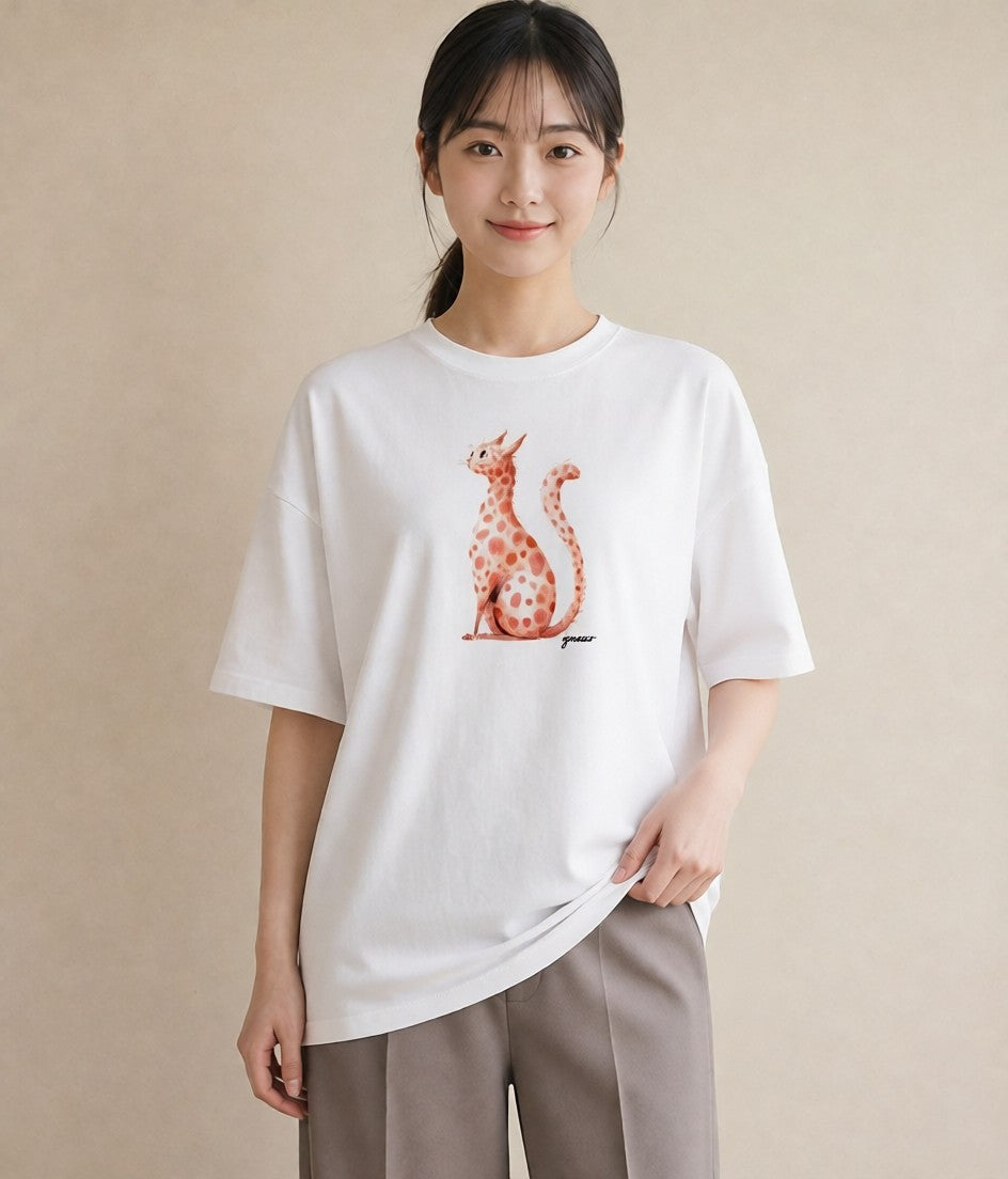 グラフィックTシャツ レディース 茶トラ 茶猫 猫 ねこ イラスト ガーリー 夏コーデ 通学 白T YMAZO