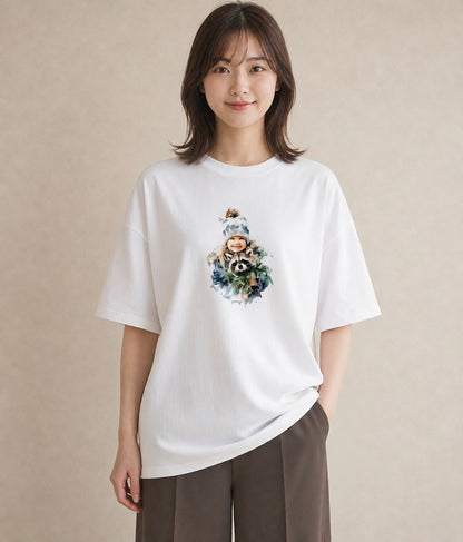 半袖Tシャツ レディース たぬき 動物 アニマル イラスト シック お揃い 親子 白T YMAZO