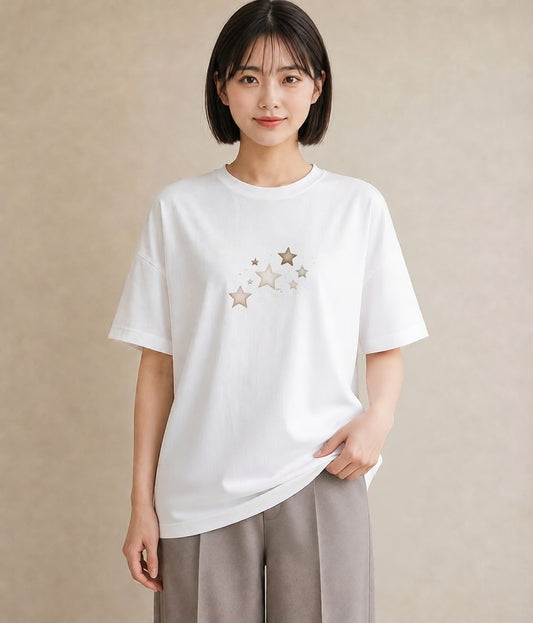 半袖Tシャツ レディース 流れ星 星空 宇宙 イラスト ポップ レイヤード 友達ギフト 白T YMAZO