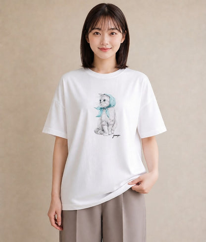 グラフィックTシャツ レディース ロシアンブルー 猫 ねこ イラスト お洒落 女性向けギフト 散歩 白T YMAZO