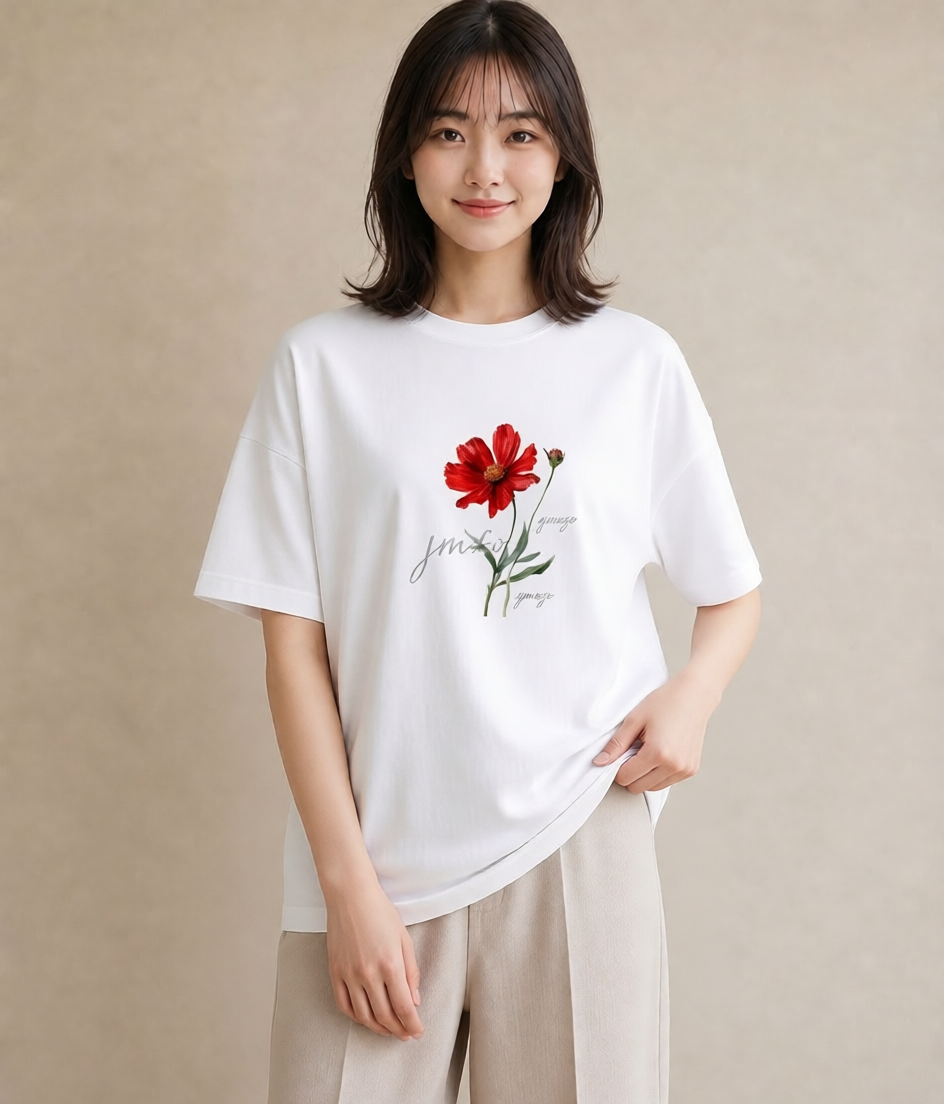 グラフィックTシャツ レディース コスモス 秋桜 花 花柄 イラスト 線画 母娘コーデ 自分用 白T YMAZO