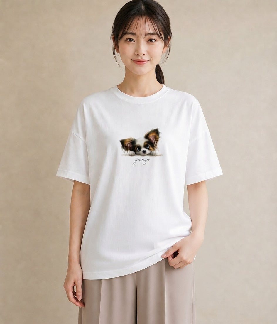 プリントTシャツ レディース パピヨン 犬 いぬ イラスト アート風 夏コーデ 通学 白T YMAZO