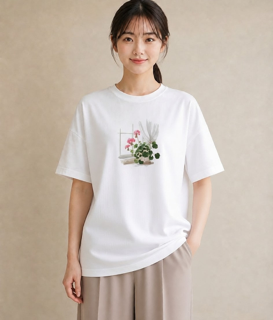 プリントTシャツ レディース 窓辺の雨 雨の日 窓 ナチュラル アンティーク イラスト 通勤 在宅 白T YMAZO