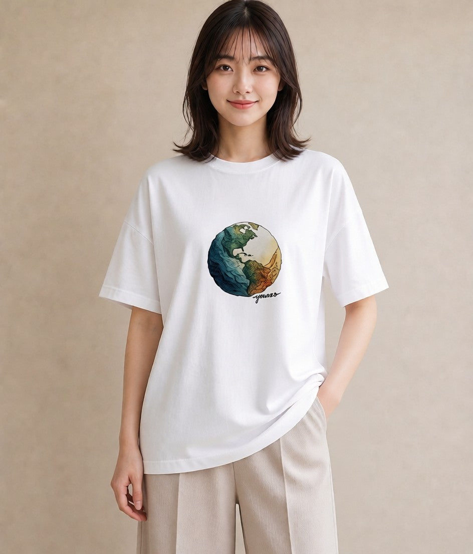 Tシャツ レディース プラネット 星空 宇宙 イラスト 淡色 綿100 デート 白T YMAZO