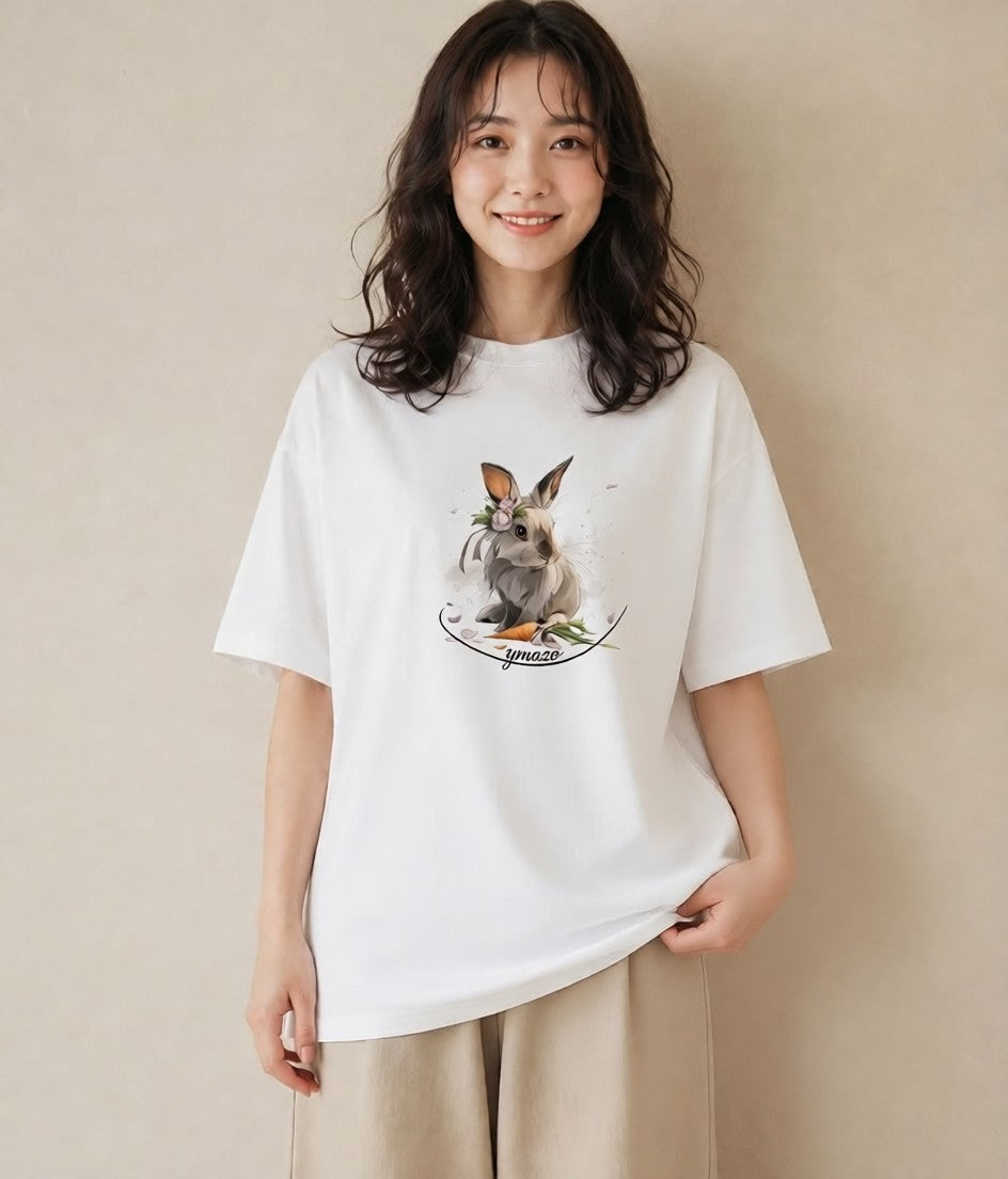 半袖Tシャツ レディース ウサギ系野生 動物 アニマル イラスト ナチュラル ホワイトデー 春服 白T YMAZO