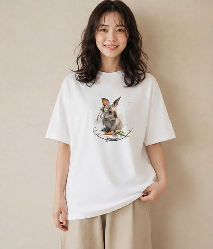 半袖Tシャツ レディース ウサギ系野生 動物 アニマル イラスト ナチュラル ホワイトデー 春服 白T YMAZO