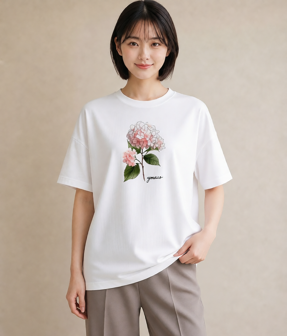 Tシャツ レディース あじさい 紫陽花 アジサイ 花 花柄 イラスト ナチュラル 部屋着 女性向けギフト 白T YMAZO