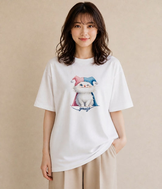 プリントTシャツ レディース マンチカン 猫 ねこ イラスト カジュアル ラフ レイヤード 白T YMAZO