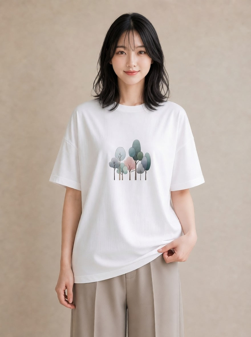半袖Tシャツ レディース 青の水彩 風景 ブルー ナチュラル アンティーク イラスト 北欧風 ママ カフェ服 白T YMAZO
