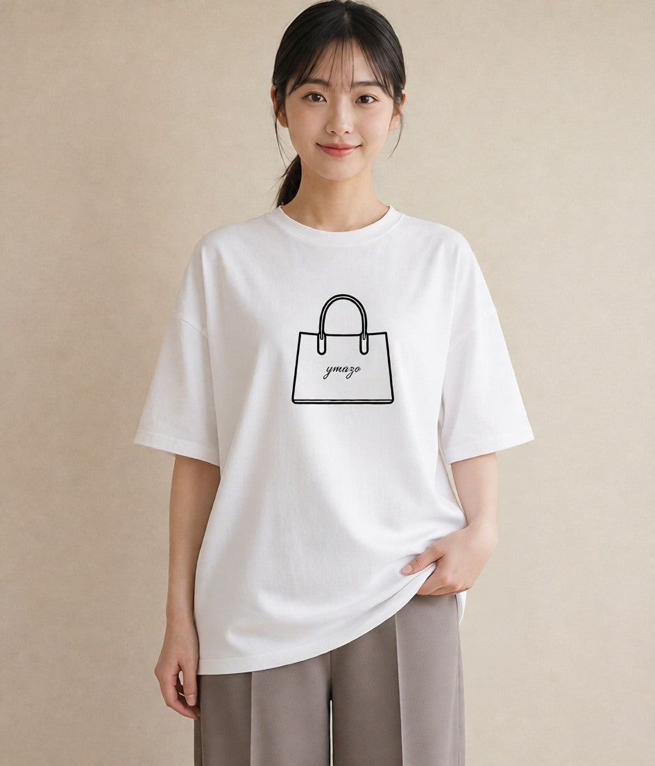 プリントTシャツ レディース パールピアス アクセサリー ナチュラル アンティーク イラスト ヴィンテージ風 ミセス 春コーデ 白T YMAZO
