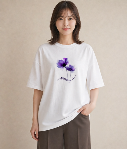 Tシャツ レディース コスモス 秋桜 花 花柄 イラスト ゆるかわ ルームウェア ギフト 白T