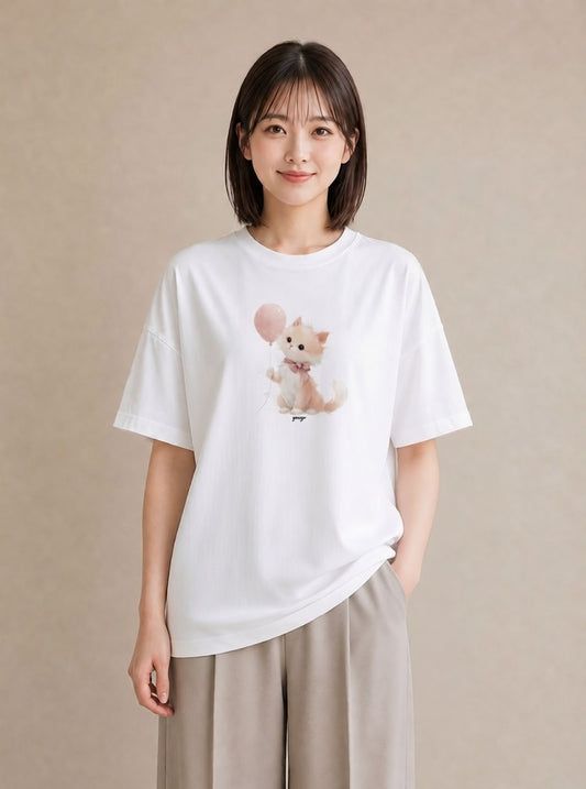 半袖Tシャツ レディース 子猫 猫 ねこ イラスト こなれ感 おしゃれギフト 社会人 白T YMAZO